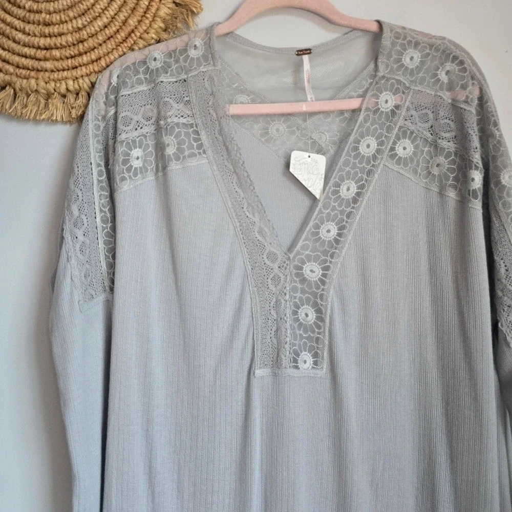 Free People NEW Lola Slate Lace Thermal Oversized Long Sleeve Top SZ Medium Boho